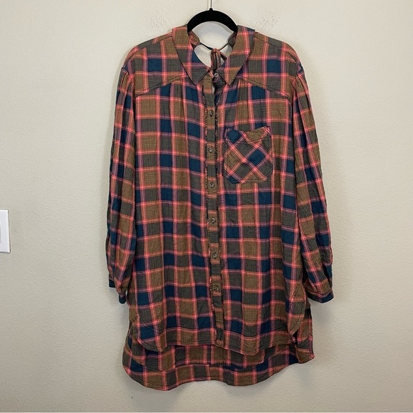 Free People Wild Side Tunic Plaid Oversized Tie Back Shirt Size S - Picture 2 of 11